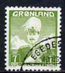 Greenland 1938-46 Christian 7o yellow-green fine used SG 3, stamps on , stamps on  stamps on greenland 1938-46 christian 7o yellow-green fine used sg 3