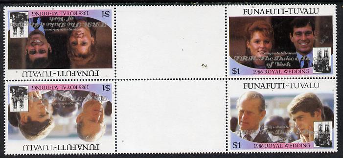 Tuvalu - Funafuti 1986 Royal Wedding (Andrew & Fergie) $1 with 'Congratulations' opt in silver in unissued perf tete-beche inter-paneau block of 4 (2 se-tenant pairs) unmounted mint from Printer's uncut proof sheet, stamps on royalty, stamps on andrew, stamps on fergie, stamps on 