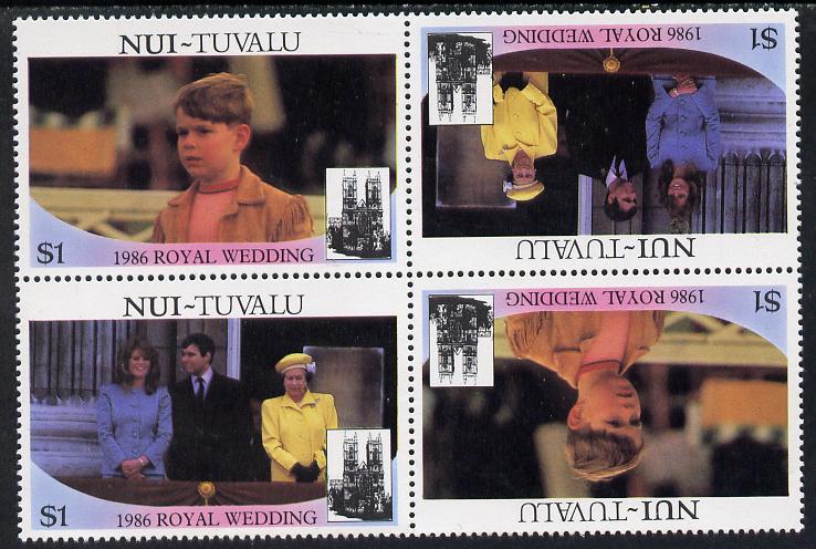 Tuvalu - Nui 1986 Royal Wedding (Andrew & Fergie) $1 in unissued perf tete-beche block of 4 (2 se-tenant pairs) unmounted mint from uncut proof sheet, stamps on royalty, stamps on andrew, stamps on fergie, stamps on 