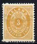 Iceland 1882-95 3a yellow mtd mint but thinned, SG20b, stamps on , stamps on  stamps on iceland 1882-95 3a yellow mtd mint but thinned, stamps on  stamps on  sg20b