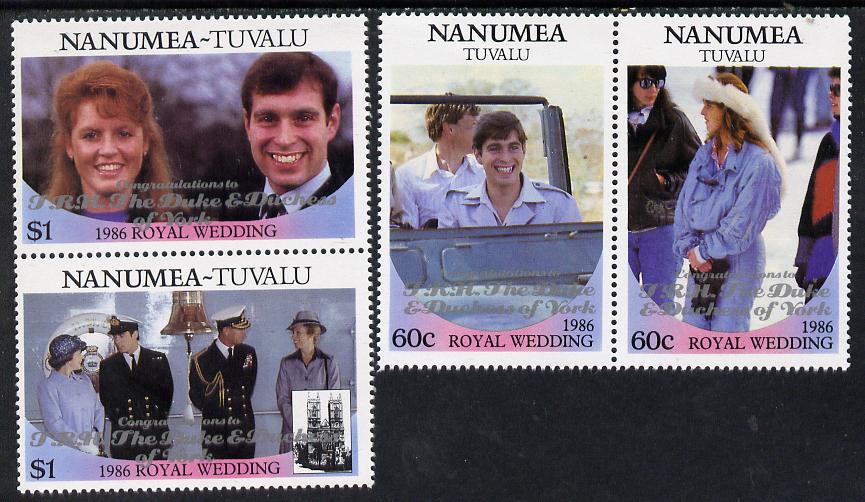 Tuvalu - Nanumea 1986 Royal Wedding (Andrew & Fergie) set of 4 (2 se-tenant pairs) with 'Congratulations' opt in silver unmounted mint, stamps on , stamps on  stamps on royalty, stamps on  stamps on andrew, stamps on  stamps on fergie, stamps on  stamps on 