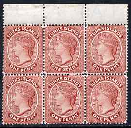 Turks Islands 1889-93 QV 1d lake CA marginal block of 6 (2 stamps creased) unmounted mint SG63, stamps on , stamps on  qv , stamps on 