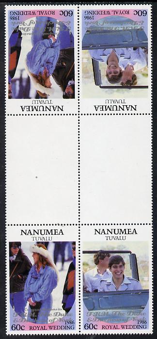 Tuvalu - Nanumea 1986 Royal Wedding (Andrew & Fergie) 60c with 'Congratulations' opt in silver in unissued perf tete-beche inter-paneau block of 4 (2 se-tenant pairs) unmounted mint from Printer's uncut proof sheet, stamps on royalty, stamps on andrew, stamps on fergie, stamps on 