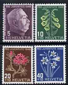Switzerland 1948 Pro Juventute Flowers set of 4 unmounted mint SG J124-7, stamps on , stamps on  stamps on switzerland 1948 pro juventute flowers set of 4 unmounted mint sg j124-7