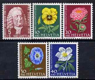 Switzerland 1958 Pro Juventute Flowers set of 5 unmounted mint SG J172-76, stamps on , stamps on  stamps on switzerland 1958 pro juventute flowers set of 5 unmounted mint sg j172-76