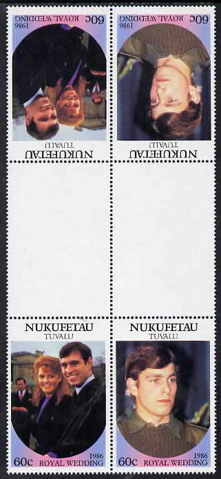 Tuvalu - Nukufetau 1986 Royal Wedding (Andrew & Fergie) 60c in unissued perf tete-beche block of 4 (2 se-tenant pairs) unmounted mint from uncut proof sheet, stamps on , stamps on  stamps on royalty, stamps on  stamps on andrew, stamps on  stamps on fergie, stamps on  stamps on 