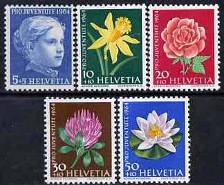 Switzerland 1964 Pro Juventute Flowers set of 5 unmounted mint SG J202-206, stamps on , stamps on  stamps on switzerland 1964 pro juventute flowers set of 5 unmounted mint sg j202-206
