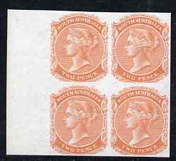 South Australia 1868-76 QV 2d brick-red imperf marginal block of 4 on unwatermarked paper, unmounted mint as SG type 12 (SG 152)