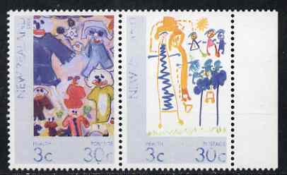 New Zealand 1986 Health - Paintings 30c + 3c se-tenant pair with dry print of blue (value & Country virtually missing) unmounted mint SG 1400-01, stamps on , stamps on  stamps on new zealand 1986 health - paintings 30c + 3c se-tenant pair with dry print of blue (value & country virtually missing) unmounted mint sg 1400-01
