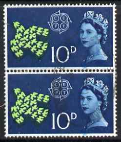 Great Britain 1961 CEPT 10d vert pair with a fine downward shift of blue resulting in Crown having white tips, lightly cancelled SG 628var, stamps on , stamps on  stamps on great britain 1961 cept 10d vert pair with a fine downward shift of blue resulting in crown having white tips, stamps on  stamps on  lightly cancelled sg 628var