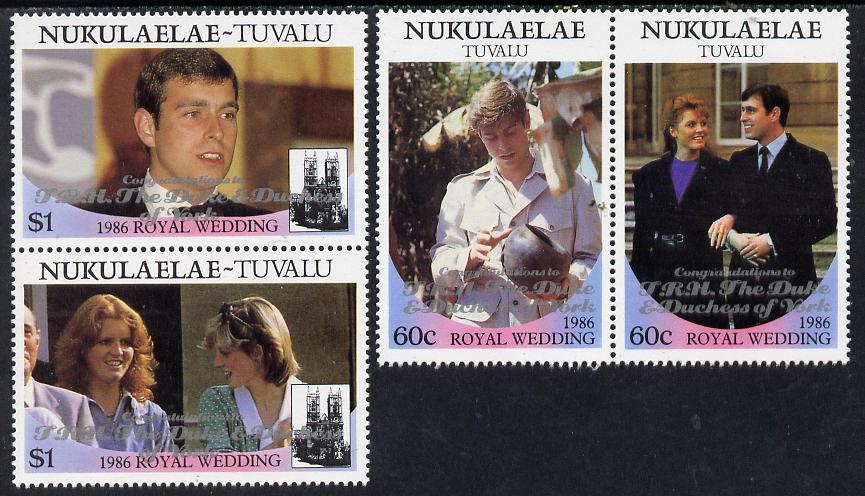 Tuvalu - Nukulaelae 1986 Royal Wedding (Andrew & Fergie) set of 4 (2 se-tenant pairs) with 'Congratulations' opt in silver unmounted mint, stamps on royalty, stamps on andrew, stamps on fergie, stamps on rifle