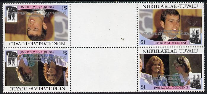 Tuvalu - Nukulaelae 1986 Royal Wedding (Andrew & Fergie) $1 with Congratulations opt in silver in unissued perf tete-beche inter-paneau block of 4 (2 se-tenant pairs) unm..., stamps on royalty, stamps on andrew, stamps on fergie, stamps on 