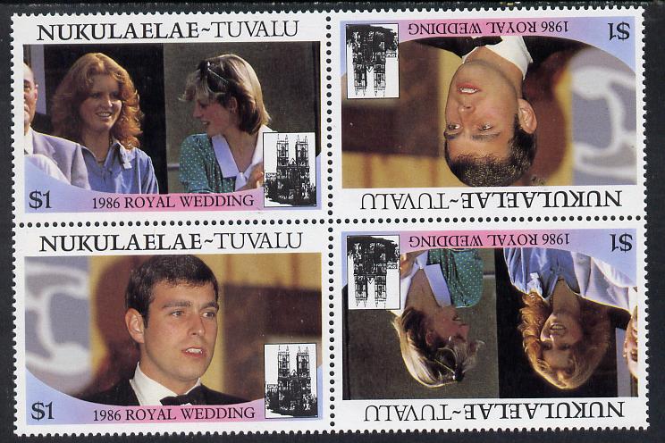 Tuvalu - Nukulaelae 1986 Royal Wedding (Andrew & Fergie) $1 in unissued perf tete-beche block of 4 (2 se-tenant pairs) unmounted mint from uncut proof sheet, stamps on royalty, stamps on andrew, stamps on fergie, stamps on 