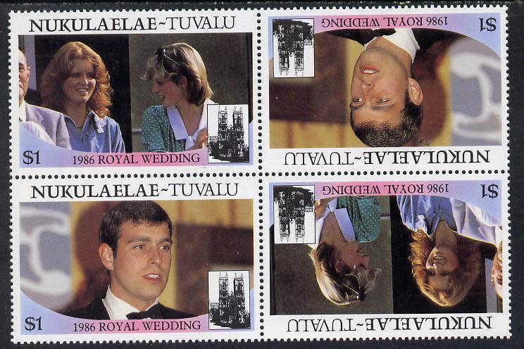 Tuvalu - Nukulaelae 1986 Royal Wedding (Andrew & Fergie) $1 in unissued perf tete-beche block of 4 (2 se-tenant pairs) unmounted mint from uncut proof sheet, stamps on royalty, stamps on andrew, stamps on fergie, stamps on 