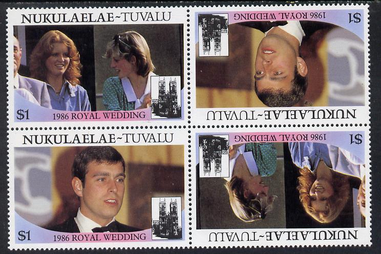 Tuvalu - Nukulaelae 1986 Royal Wedding (Andrew & Fergie) $1 in unissued perf tete-beche block of 4 (2 se-tenant pairs) unmounted mint from uncut proof sheet, stamps on , stamps on  stamps on royalty, stamps on  stamps on andrew, stamps on  stamps on fergie, stamps on  stamps on 