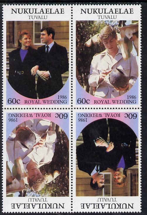 Tuvalu - Nukulaelae 1986 Royal Wedding (Andrew & Fergie) 60c in unissued perf tete-beche block of 4 (2 se-tenant pairs) unmounted mint from uncut proof sheet, stamps on royalty, stamps on andrew, stamps on fergie, stamps on 