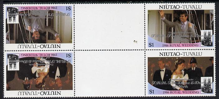 Tuvalu - Niutao 1986 Royal Wedding (Andrew & Fergie) $1 with 'Congratulations' opt in silver in unissued perf tete-beche inter-paneau block of 4 (2 se-tenant pairs) unmounted mint from Printer's uncut proof sheet, stamps on , stamps on  stamps on royalty, stamps on  stamps on andrew, stamps on  stamps on fergie, stamps on  stamps on police