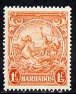 Barbados 1938-47 Badge of Colony 1.5d orange P14 mtd mint SG 250b, stamps on 