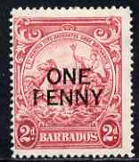 Barbados 1947 Surcharged 1d on 2d Perf 14 mounted mint SG 264, stamps on 