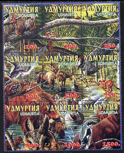 Udmurtia Republic 1998 Birds & Animals composite se-tenant block of 9 values unmounted mint, stamps on , stamps on  stamps on birds    animals    owls    birds of prey      