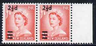 New Zealand 1961 Surcharged 2.5d on 3d horiz marginal pair with wide and narrow settings mounted in margin only, SG 808b, stamps on 