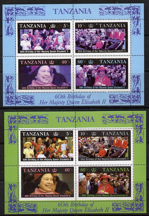 Tanzania 1987 Queen's 60th Birthday perf m/sheet with yellow omitted plus normal both unmounted mint SG MS 521, stamps on , stamps on  stamps on royalty     60th birthday