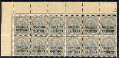 Indian States - Gwalior 1899-1911 QV 3p grey corner block of 12 (6 x 2) from upper left of sheet (rows 1 & 2) with minor broken letters noted, overall toning but unmounte...