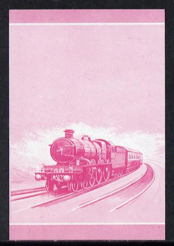 Nevis 1983 Locomotives #1 (Leaders of the World) Pendennis Castle $1 unmounted mint se-tenant imperf progressive proof pair in magenta only (SG 138a), stamps on , stamps on  stamps on railways, stamps on  stamps on castles