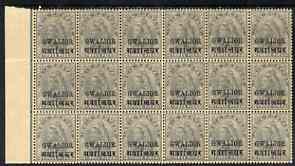 Indian States - Gwalior 1899-1911 QV 3p grey marginal block of 18 (6 x 3) from left of sheet (rows 12, 13 & 14) with minor broken letters noted, overall toning but unmoun...