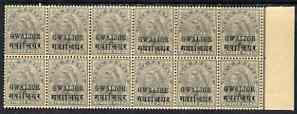 Indian States - Gwalior 1899-1911 QV 3p grey marginal block of 12 (6 x 2) from right of sheet (rows 13 & 14) with minor broken letters noted, overall toning but unmounted...