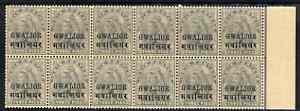 Indian States - Gwalior 1899-1911 QV 3p grey marginal block of 12 (6 x 2) from right of sheet (rows 15 & 16) with minor broken letters noted, overall toning but unmounted...