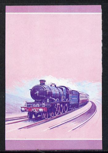 Nevis 1983 Locomotives #1 (Leaders of the World) Pendennis Castle $1 unmounted mint se-tenant imperf progressive proof pair in magenta & blue (SG 138a), stamps on , stamps on  stamps on railways, stamps on  stamps on castles