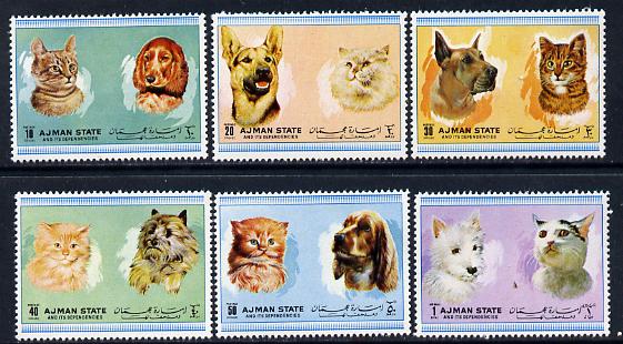 Ajman 1972 Cats & Dogs perf set of 6 unmounted mint (Mi 1762-67A) , stamps on , stamps on  stamps on animals    cats   dogs, stamps on  stamps on  gsd , stamps on  stamps on cocker    dane    terrier    spaniel     westy