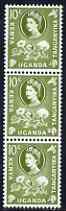 Kenya, Uganda & Tanganyika 1960-62 QEII 10c vert strip of 3, centre stamp with large flaw over flower, top stamp mtd, SG 184var, stamps on xxx