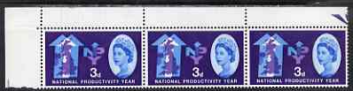 Great Britain 1962 National Productivity Year 3d (ord) corner strip of 3 with doctor blade flaw particularly noticeable in margin, unmounted mint, stamps on , stamps on  stamps on great britain 1962 national productivity year 3d (ord) corner strip of 3 with doctor blade flaw particularly noticeable in margin, stamps on  stamps on  unmounted mint