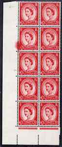 Great Britain 1955-58 Wilding 2.5d Edward wmk corner cyl 43 no dot block of 10 with large ink spill, unmounted mint, stamps on 