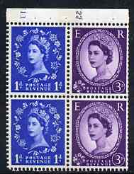 Great Britain 1960-67 Wilding 1d/3d Crowns phos (s/ways wmk) booklet pane of 4 with cyl nos F13/K22, unmounted mint, stamps on 