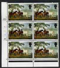 Great Britain 1967 Paintings 9d (Mares & Foals by Stubbs) cyl block of 6 with ink spill on one stamp, unmounted mint, stamps on , stamps on  stamps on great britain 1967 paintings 9d (mares & foals by stubbs) cyl block of 6 with ink spill on one stamp, stamps on  stamps on  unmounted mint