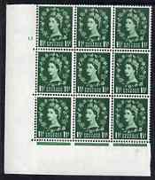 Great Britain 1955-58 Wilding 1.5d Edward wmk corner cyl 15 no dot block of 9, one stamp with dot between rose & shamrock SG spec S26j unmounted mint, stamps on 