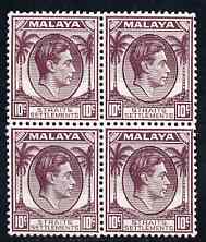 Malaya - Straits Settlements 1937-41 KG6 10c dull purple block of 4 unmounted mint SG 284, stamps on , stamps on  kg6 , stamps on 