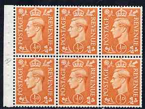 Great Britain 1950-52 KG6 1/2d orange booklet pane of 6 with inverted wmk, unmounted mint with fairly good perfs, SG spec QB7a, stamps on , stamps on  stamps on , stamps on  stamps on  kg6 , stamps on  stamps on 