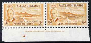 Falkland Islands 1952 KG6 Two Sisters 9d marginal pair with full imprint unmounted mint, SG 179, stamps on , stamps on  stamps on , stamps on  stamps on  kg6 , stamps on  stamps on 