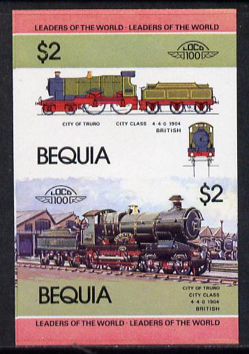 St Vincent - Bequia 1984 Locomotives #1 (Leaders of the World) $2 (City of Truro) unmounted mint se-tenant imperf proof pair in issued colours from limited printing, stamps on , stamps on  stamps on railways