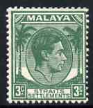 Malaya - Straits Settlements 1937-41 KG6 3c green die II unmounted mint SG 295, stamps on , stamps on  kg6 , stamps on 