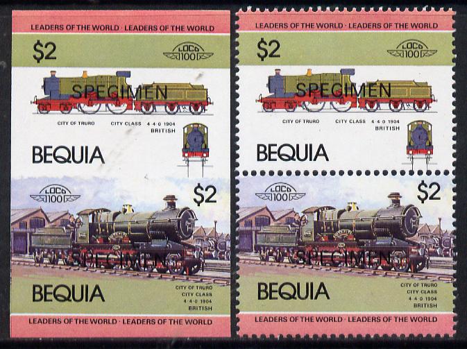 St Vincent - Bequia 1984 Locomotives #1 (Leaders of the World) $2 (City of Truro) unmounted mint se-tenant matched proof pairs in issued colours overprinted SPECIMEN, perf & imperf (2 prs), stamps on railways