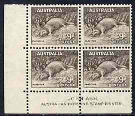 Australia 1937-49 KG6 Platypus 9d P13.5 x 14 John Ash imprint corner block of 4 unmounted mint as SG 173, stamps on , stamps on  stamps on australia 1937-49 kg6 platypus 9d p13.5 x 14 john ash imprint corner block of 4 unmounted mint as sg 173