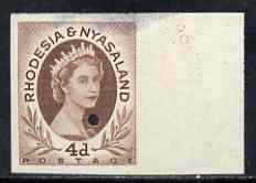 Rhodesia & Nyasaland 1954-56 QEII 4d red-brown imperf marginal single from Waterlow archives, tiny security puncture but thinned at top, nevertheless, an attractive proof, as SG 5, stamps on , stamps on  stamps on rhodesia & nyasaland 1954-56 qeii 4d red-brown imperf marginal single from waterlow archives, stamps on  stamps on  tiny security puncture but thinned at top, stamps on  stamps on  nevertheless, stamps on  stamps on  an attractive proof, stamps on  stamps on  as sg 5