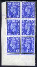 Great Britain 1950-52 KG6 1d light ultramarine corner block of 6 with cyl 190 dot mtd in margin only, stamps on , stamps on  kg6 , stamps on 