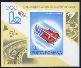 Rumania 1979 Lake Placid Winter Olympics 10L imperf m/sheet from limited printing showing bobsleigh unmounted mint Mi Bl 165 , stamps on olympics, stamps on 