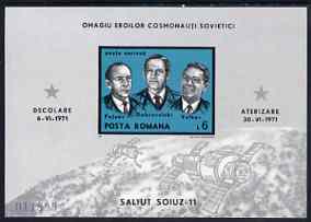 Rumania 1971 Soyuz 11 commemoration imperf m/sheet from limited printing unmounted mint Mi Bl 86, stamps on , stamps on  stamps on rumania 1971 soyuz 11 commemoration imperf m/sheet from limited printing unmounted mint mi bl 86